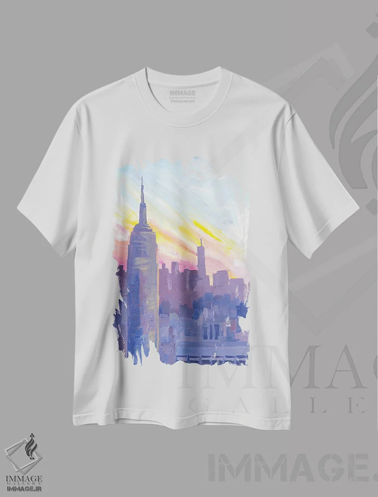 تیشرت سفید طرح دار – تیشرت شهری نیویورک ,ساختمان امپایر استیت در غروب همراه با چشم انداز منهتن اثر مارکوس و مارتینا بلیشنر immage.ir