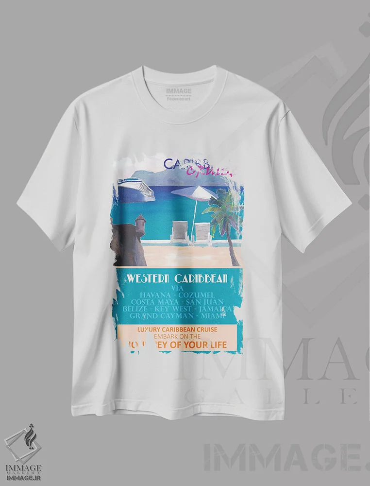 تیشرت سفید طرح دار – تیشرت پوستر ,پوستر سفر دریایی کارائیب غربی به سبک رترو اثر مارکوس و مارتینا بلیشنر immage.ir