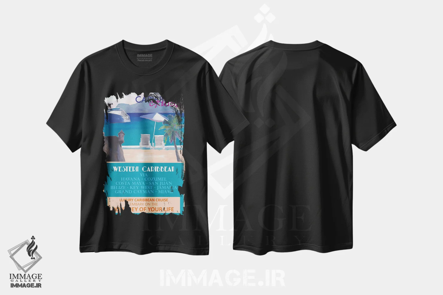 تیشرت مشکی طرح دار – تیشرت پوستر ,پوستر سفر دریایی کارائیب غربی به سبک رترو اثر مارکوس و مارتینا بلیشنر فروشگاه ایماژ