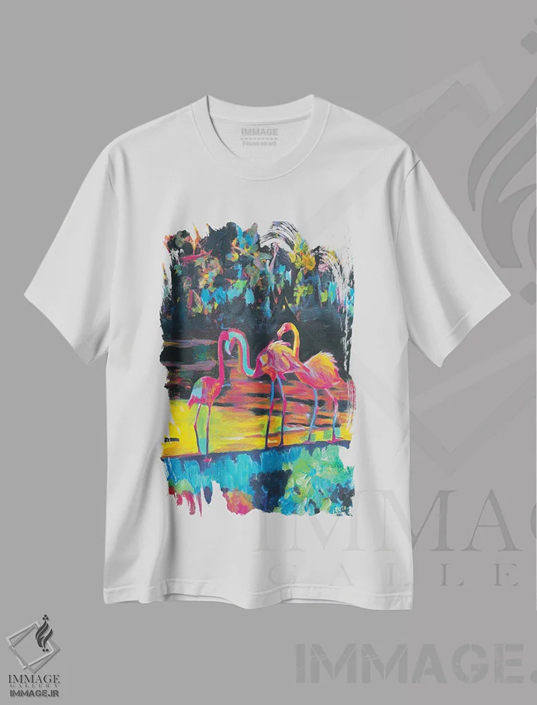تیشرت سفید طرح دار – تیشرت طبیعت ,فلامینگوها به سبک امپرسیونیستی-اکسپرسیونیستی فئینیکوپتروس روزئوس اثر مارکوس و مارتینا بلیشنر immage.ir