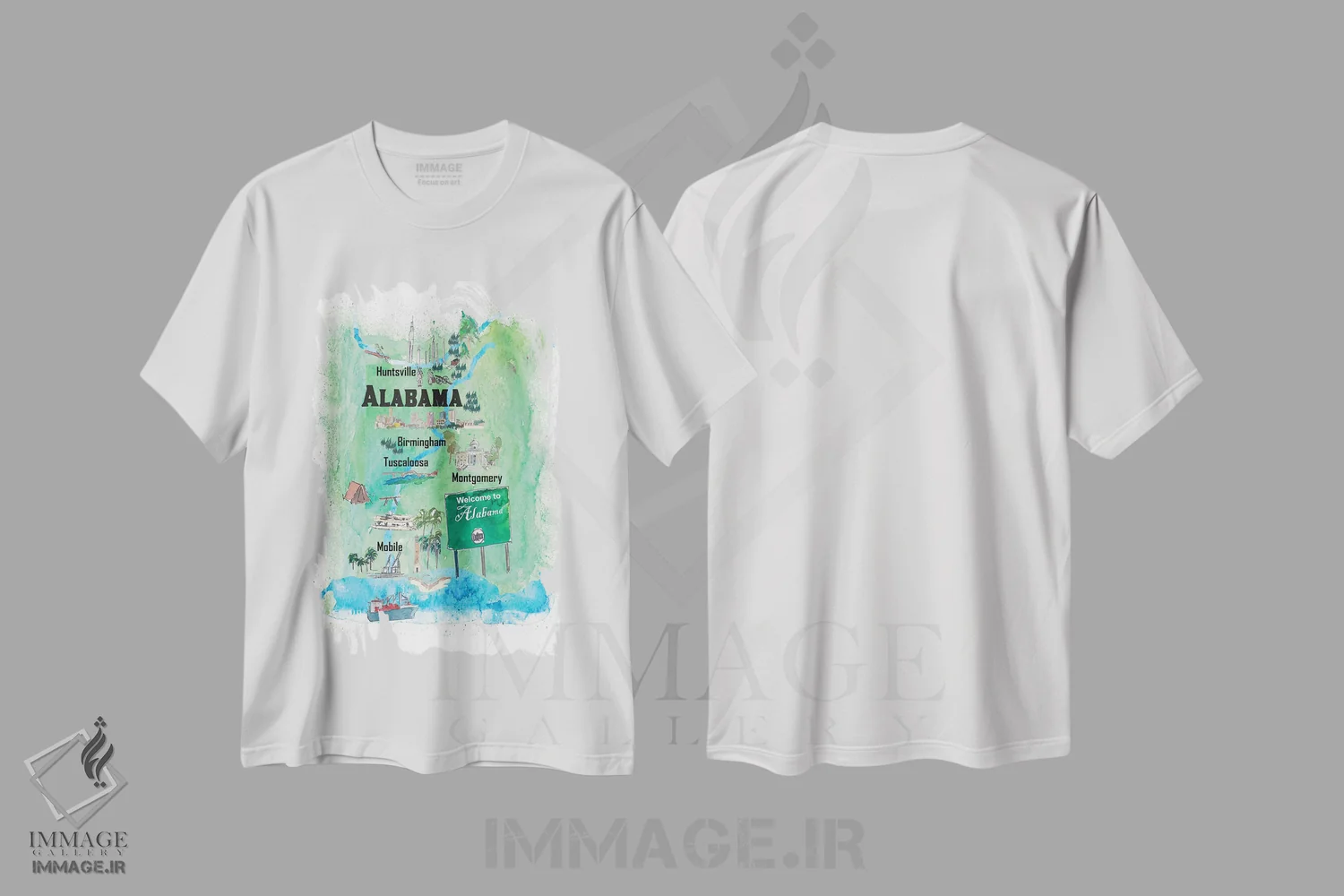 تیشرت سفید طرح دار – تیشرت تایپوگرافی ,پوستر سفر مصور ایالت آلاباما آمریکا اثر مارکوس و مارتینا بلیشنر فروشگاه ایماژ