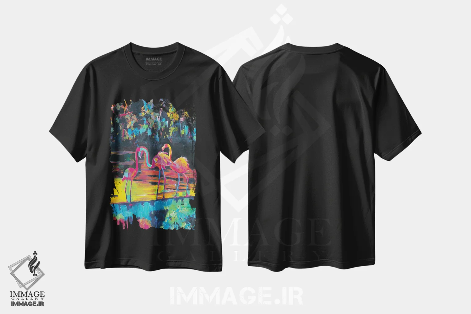 تیشرت مشکی طرح دار – تیشرت طبیعت ,فلامینگوها به سبک امپرسیونیستی-اکسپرسیونیستی فئینیکوپتروس روزئوس اثر مارکوس و مارتینا بلیشنر فروشگاه ایماژ