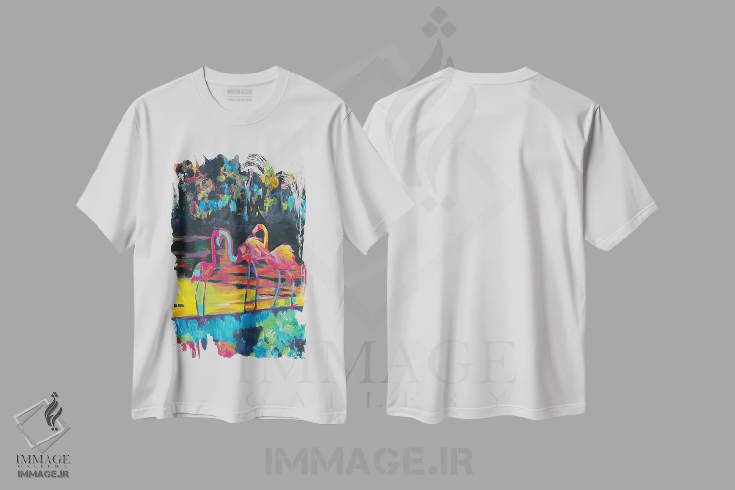 تیشرت سفید طرح دار – تیشرت طبیعت ,فلامینگوها به سبک امپرسیونیستی-اکسپرسیونیستی فئینیکوپتروس روزئوس اثر مارکوس و مارتینا بلیشنر immage.ir