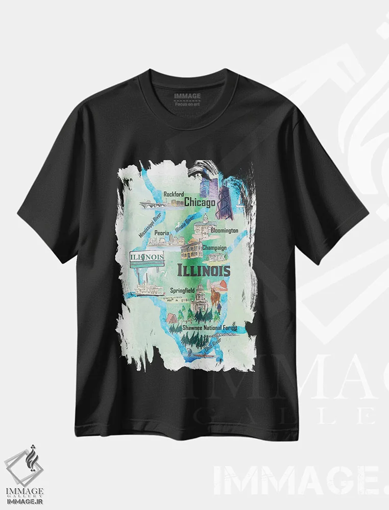 تیشرت مشکی طرح دار – تیشرت تایپوگرافی ,"پوستر سفر تصویری آمریکا، ایلینوی" اثر مارکوس و مارتینا بلیشنر فروشگاه ایماژ