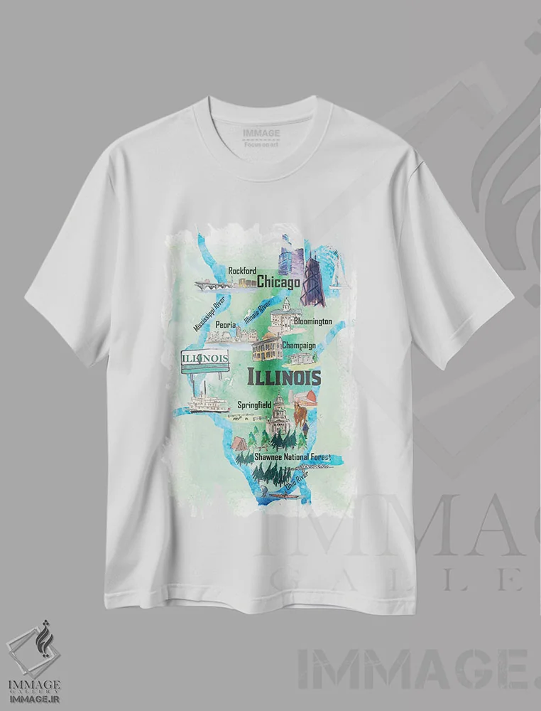 تیشرت سفید طرح دار – تیشرت تایپوگرافی ,"پوستر سفر تصویری آمریکا، ایلینوی" اثر مارکوس و مارتینا بلیشنر immage.ir