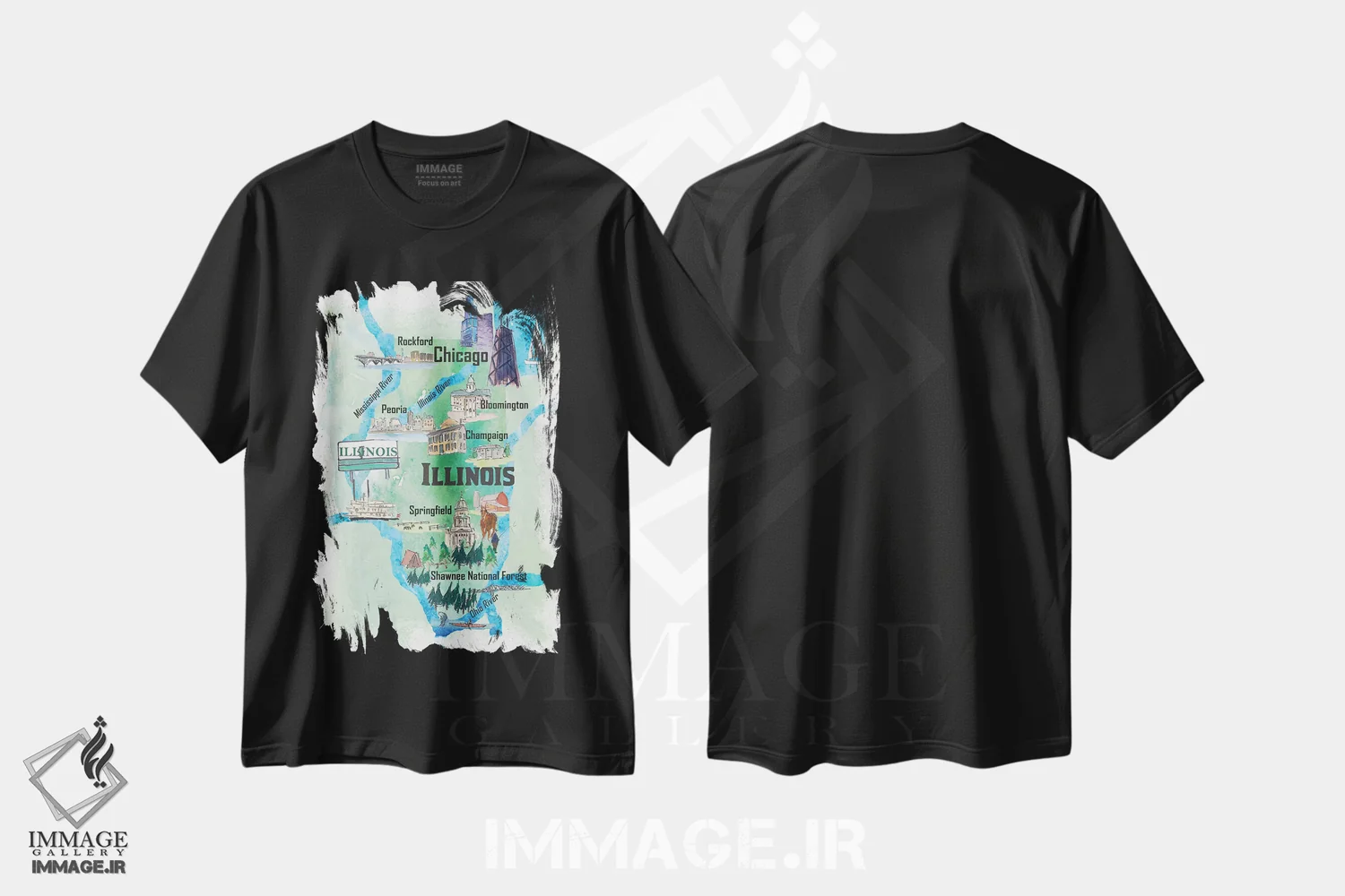 تیشرت مشکی طرح دار – تیشرت تایپوگرافی ,"پوستر سفر تصویری آمریکا، ایلینوی" اثر مارکوس و مارتینا بلیشنر فروشگاه ایماژ
