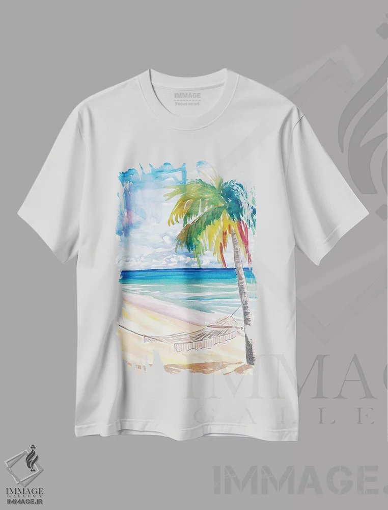 تیشرت سفید طرح دار – تیشرت طبیعت ,"ننو، نخل و دریای فیروزه ای در ساحل تنها کارائیب" اثر مارکوس و مارتینا بلیشنر فروشگاه ایماژ