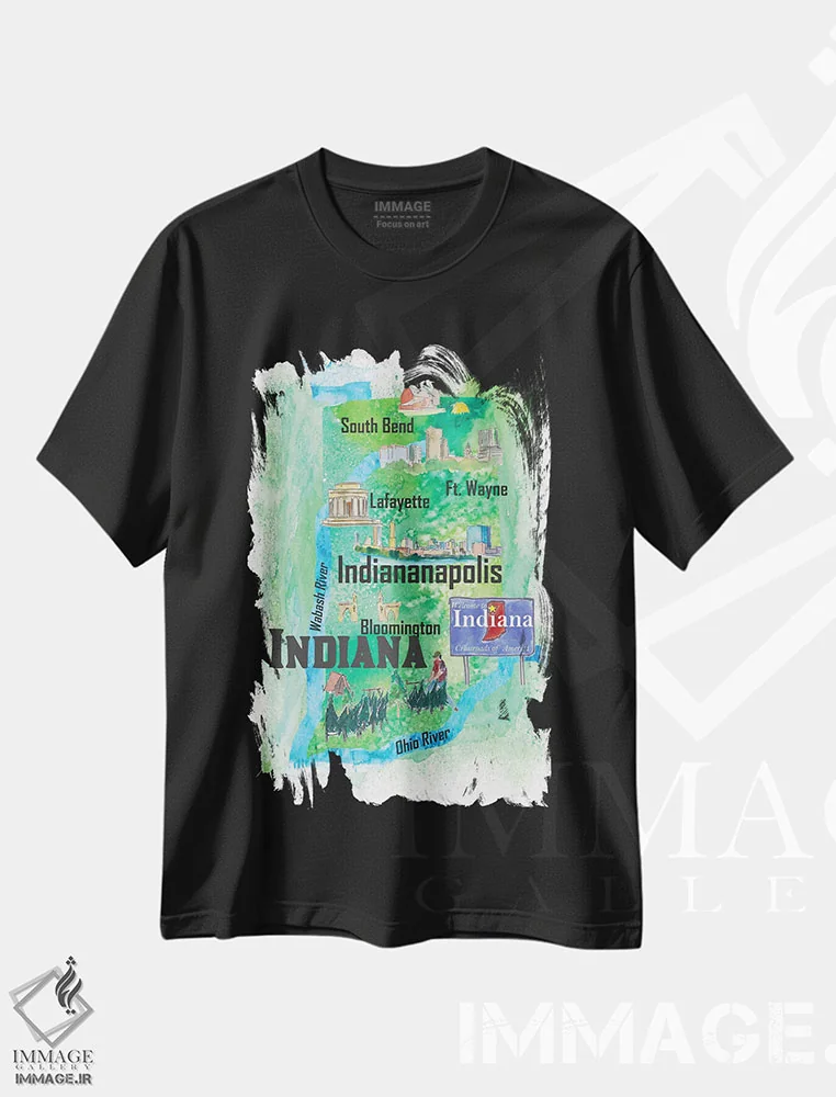 تیشرت مشکی طرح دار – تیشرت سفر ,"پوستر سفر آمریکا، ایندیانا" اثر مارکوس و مارتینا بلیشنر immage.ir