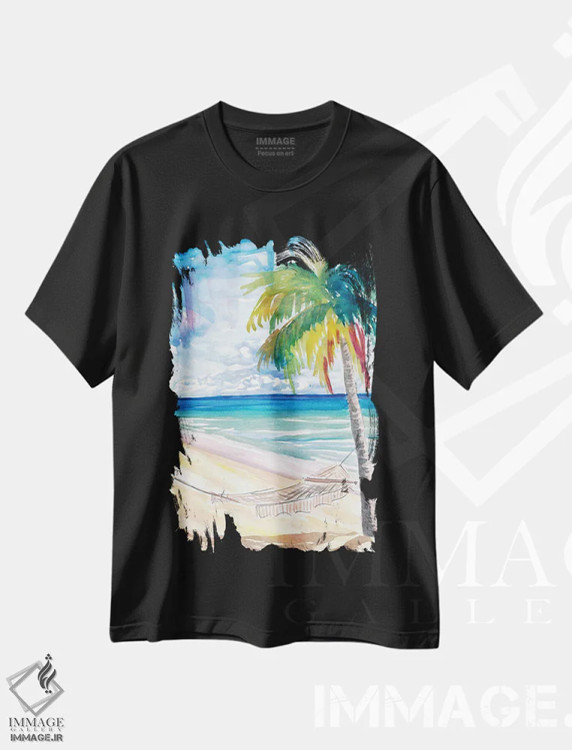 تیشرت مشکی طرح دار – تیشرت طبیعت ,"ننو، نخل و دریای فیروزه ای در ساحل تنها کارائیب" اثر مارکوس و مارتینا بلیشنر immage.ir