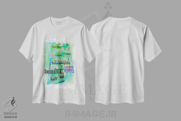 تیشرت سفید طرح دار – تیشرت سفر ,"پوستر سفر آمریکا، ایندیانا" اثر مارکوس و مارتینا بلیشنر فروشگاه ایماژ
