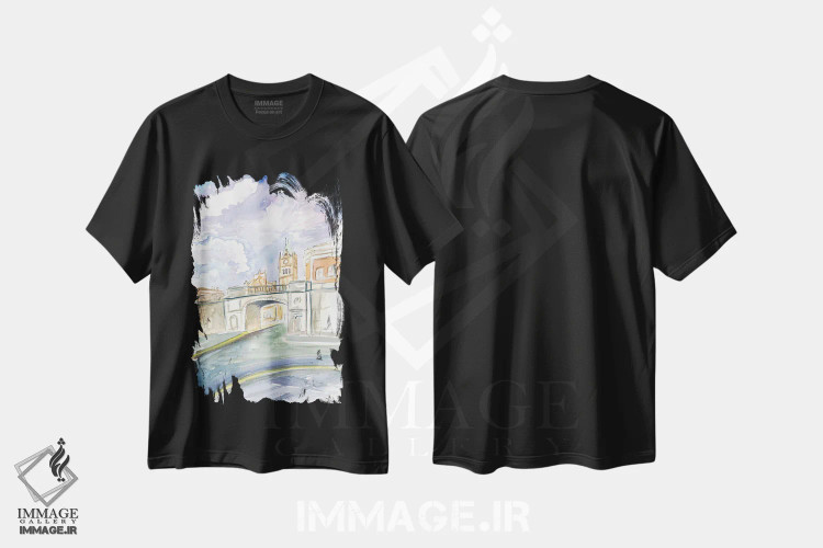 تیشرت مشکی طرح دار – تیشرت شهری ,نمای خیابان در دری، ایرلند شمالی با دروازه شیپ کی اثر مارکوس و مارتینا بلیشنر فروشگاه ایماژ