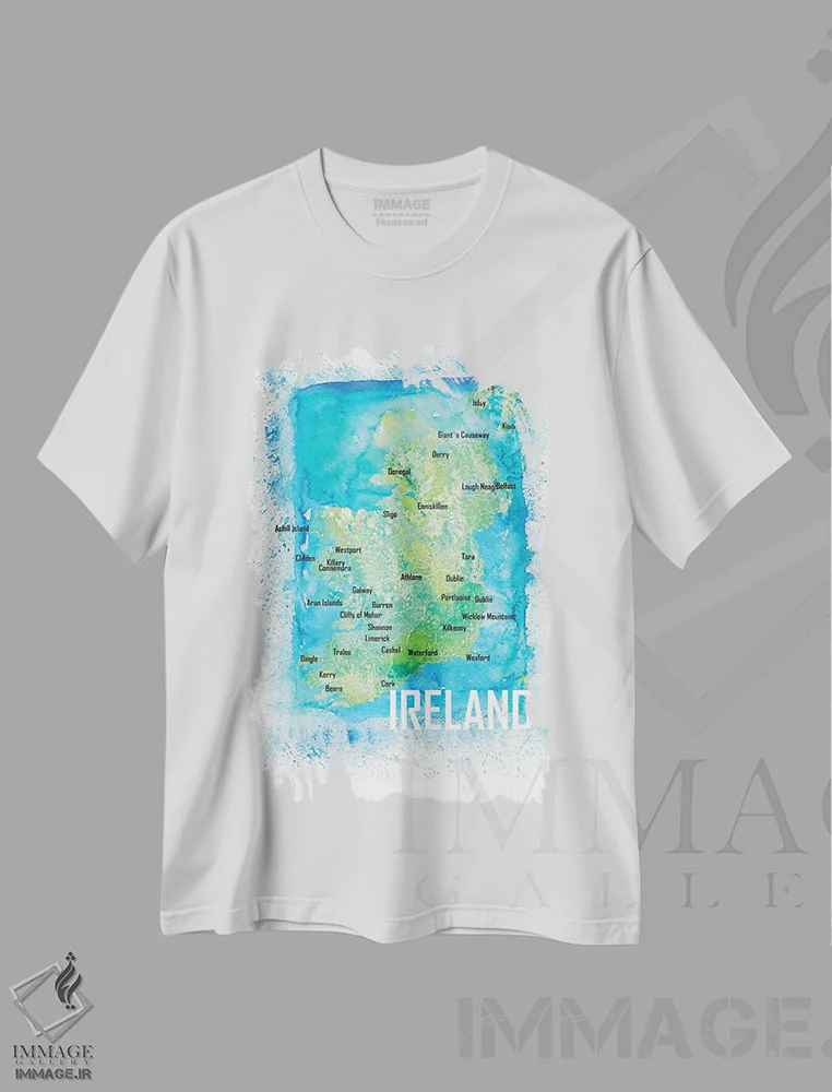 تیشرت سفید طرح دار – تیشرت نقشه ,نقشه آبرنگی ایرلند با شهرها و جاده ها اثر مارکوس و مارتینا بلیشنر فروشگاه ایماژ