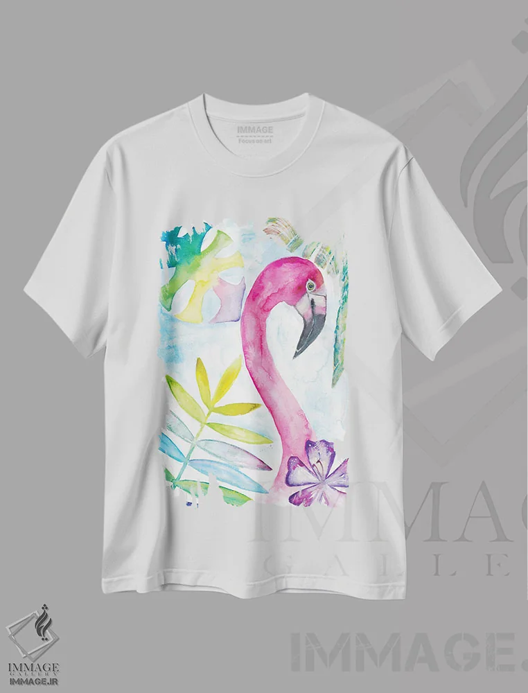 تیشرت سفید طرح دار – تیشرت فلامینگو ,"فلامینگو صورتی با لبخند گرمسیری" اثر مارکوس و مارتینا بلیشنر فروشگاه ایماژ