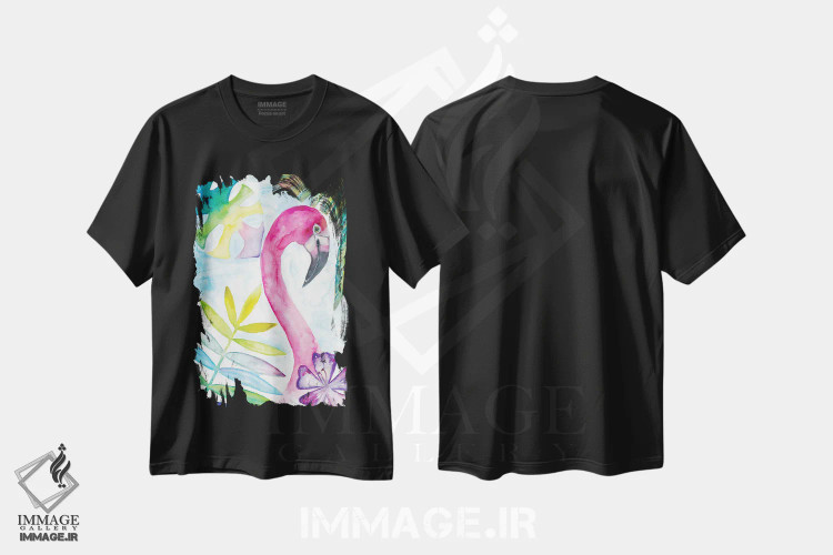 تیشرت مشکی طرح دار – تیشرت فلامینگو ,"فلامینگو صورتی با لبخند گرمسیری" اثر مارکوس و مارتینا بلیشنر immage.ir
