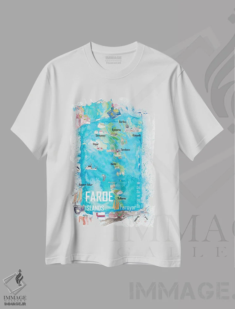 تیشرت سفید طرح دار – تیشرت نقشه دار ,"نقشه سفر مصور جزایر فارو با نکات برجسته گردشگری" اثر مارکوس و مارتینا بلیشنر فروشگاه ایماژ