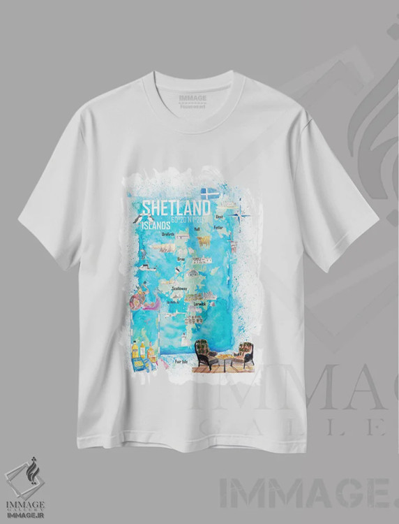 تیشرت سفید طرح دار – تیشرت نقشه ,"نقشه سفر مصور جزایر شتلند با نکات برجسته گردشگری" اثر مارکوس و مارتینا بلیشنر immage.ir