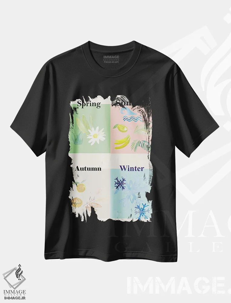 تیشرت مشکی طرح دار – تیشرت هنری ,"هنر چهار فصل بهار، تابستان، پاییز و زمستان" اثر مارکوس و مارتینا بلیشنر فروشگاه ایماژ