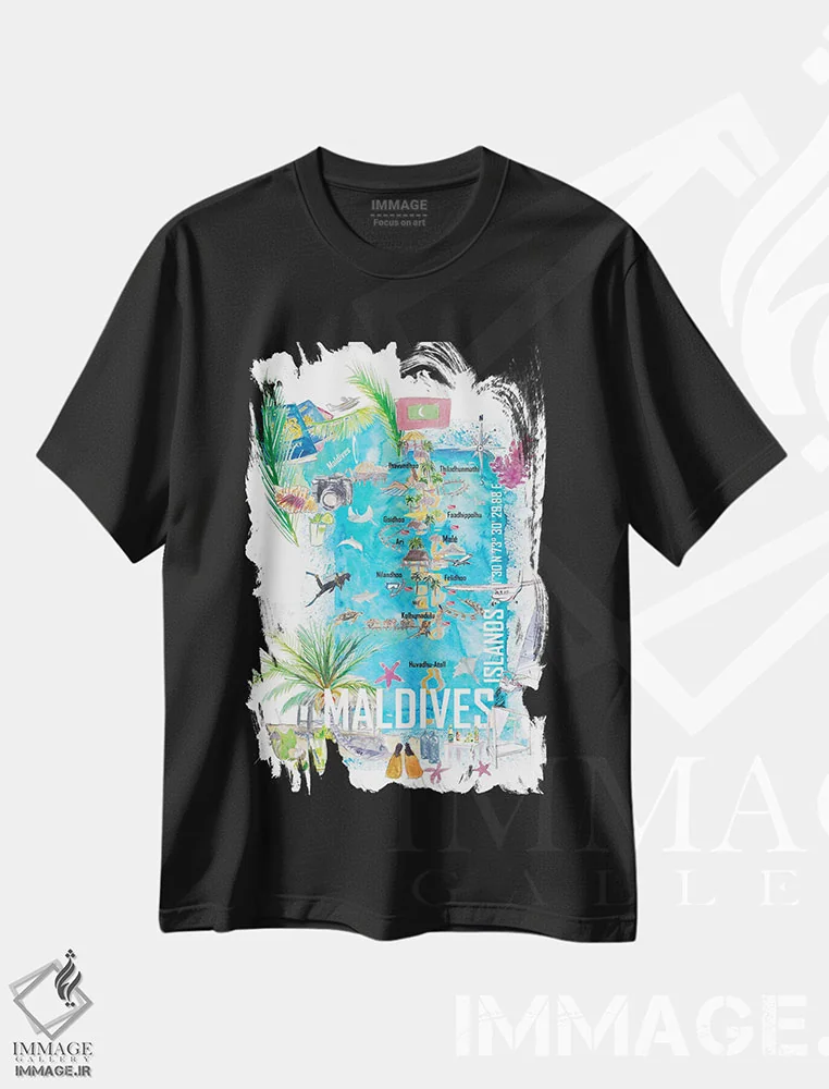 تیشرت مشکی طرح دار – تیشرت ساحلی ,"نقشه سفر مصور جزایر مالدیو با رویاهای تعطیلات و مخفیگاه ها" اثر مارکوس و مارتینا بلیشنر فروشگاه ایماژ