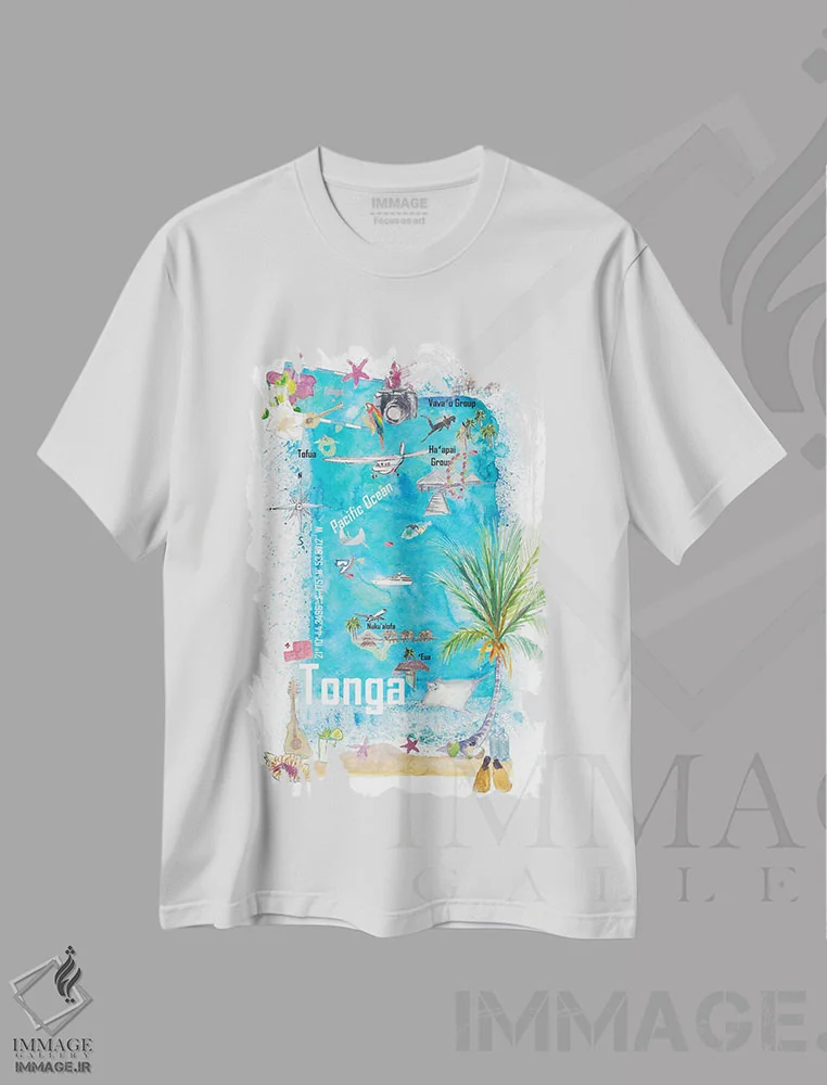 تیشرت سفید طرح دار – تیشرت استوایی ,"نقشه سفر مصور تونگا، پولینزی با نکات برجسته گردشگری" اثر مارکوس و مارتینا بلیشنر فروشگاه ایماژ