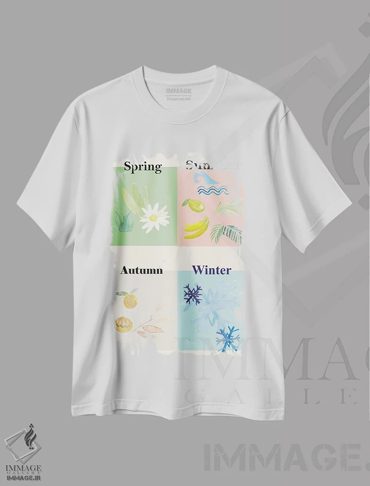 تیشرت سفید طرح دار – تیشرت هنری ,"هنر چهار فصل بهار، تابستان، پاییز و زمستان" اثر مارکوس و مارتینا بلیشنر immage.ir