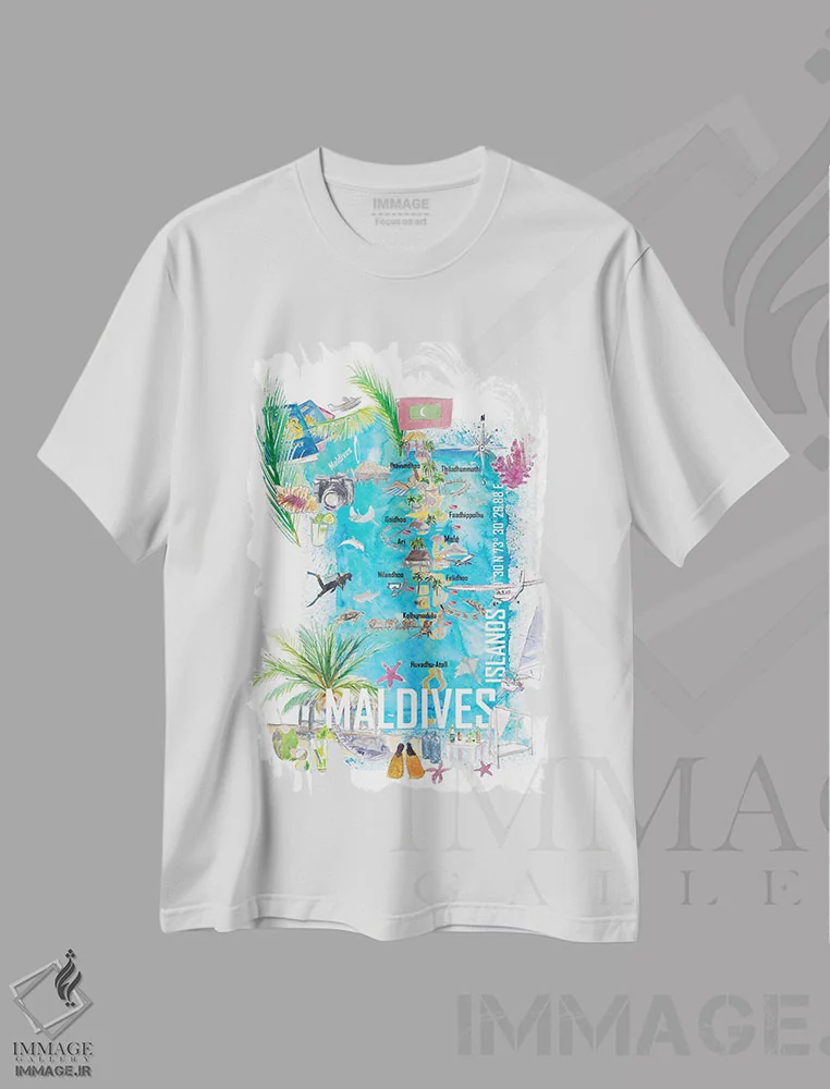 تیشرت سفید طرح دار – تیشرت ساحلی ,"نقشه سفر مصور جزایر مالدیو با رویاهای تعطیلات و مخفیگاه ها" اثر مارکوس و مارتینا بلیشنر immage.ir