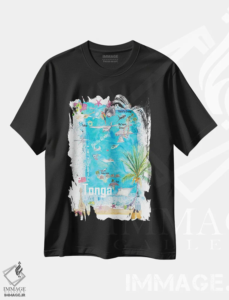 تیشرت مشکی طرح دار – تیشرت استوایی ,"نقشه سفر مصور تونگا، پولینزی با نکات برجسته گردشگری" اثر مارکوس و مارتینا بلیشنر immage.ir