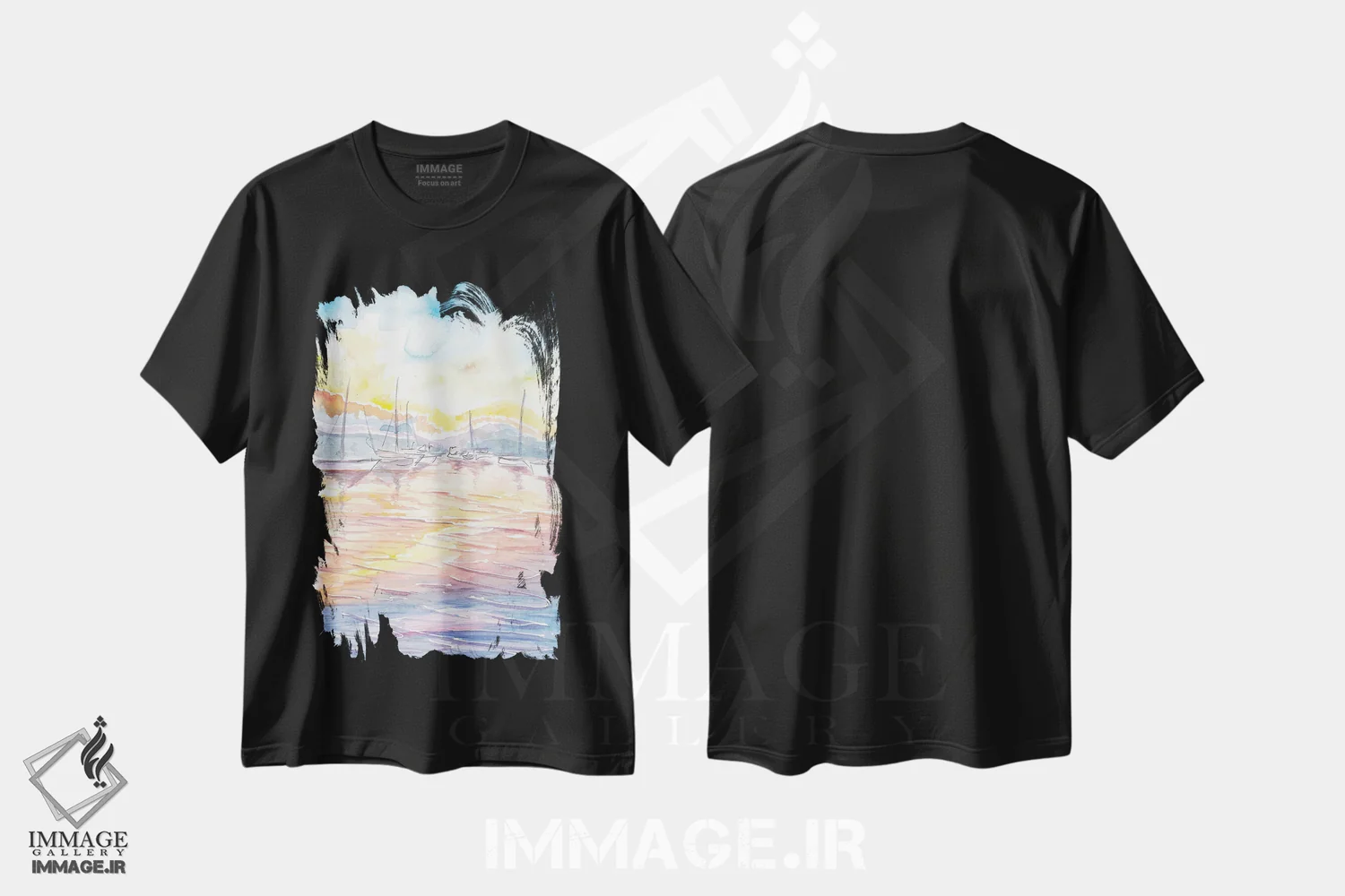 تیشرت مشکی طرح دار – تیشرت ساحلی ,بندرگاه رویایی قایق های تفریحی با غروب و نور بر آب اثر مارکوس و مارتینا بلیشنر فروشگاه ایماژ