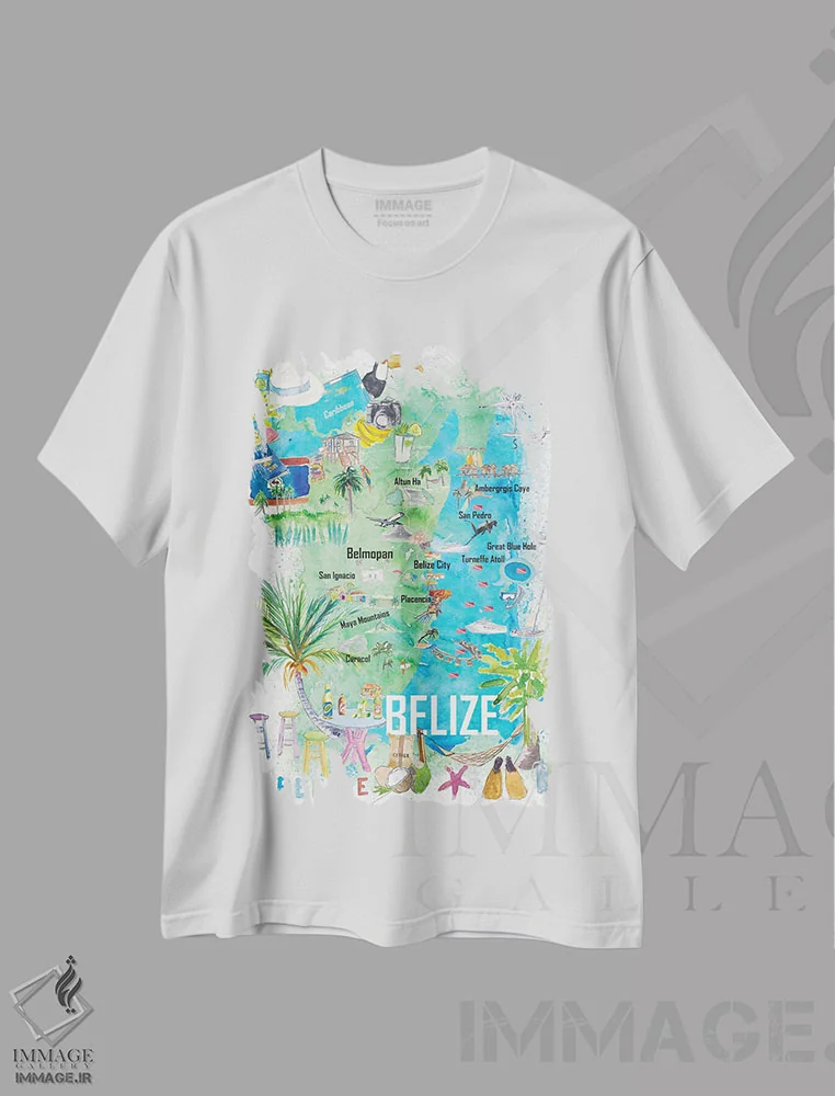 تیشرت سفید طرح دار – تیشرت طبیعت ,"نقشه تصویری سفر بلیز کارائیب با جاده ها و نقاط دیدنی" اثر مارکوس و مارتینا بلیشنر immage.ir