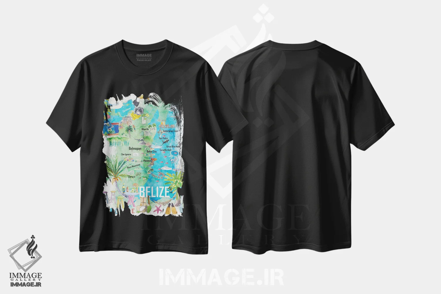 تیشرت مشکی طرح دار – تیشرت طبیعت ,"نقشه تصویری سفر بلیز کارائیب با جاده ها و نقاط دیدنی" اثر مارکوس و مارتینا بلیشنر فروشگاه ایماژ
