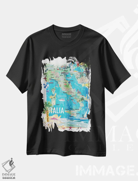 تیشرت مشکی طرح دار – تیشرت هنری ,نقشه مصور سفر ایتالیا با جاده ها و نکات برجسته گردشگری اثر مارکوس و مارتینا بلیشنر فروشگاه ایماژ