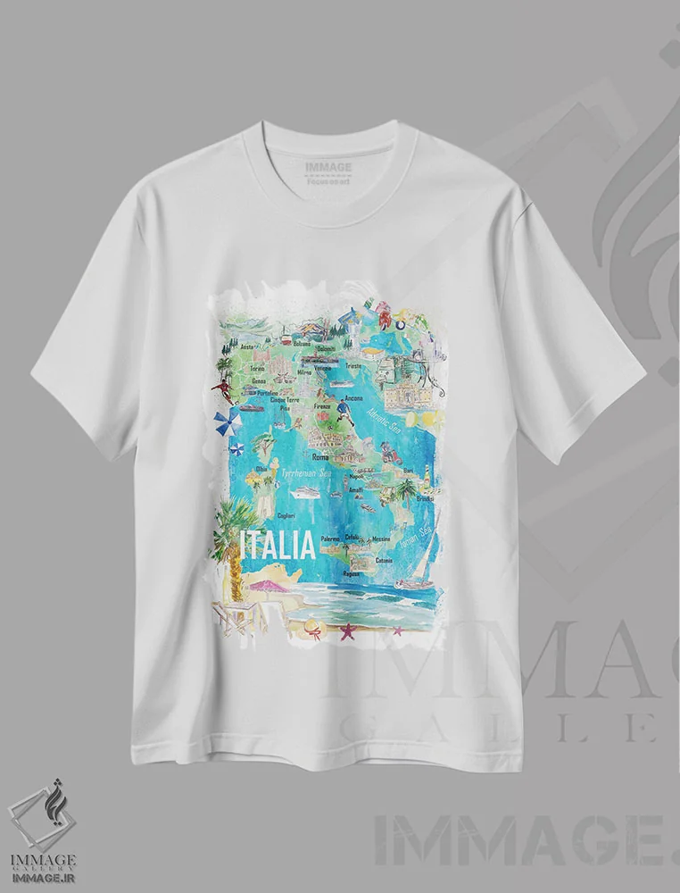 تیشرت سفید طرح دار – تیشرت هنری ,نقشه مصور سفر ایتالیا با جاده ها و نکات برجسته گردشگری اثر مارکوس و مارتینا بلیشنر immage.ir