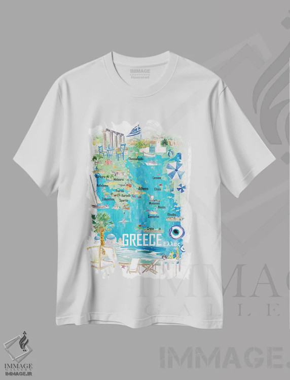تیشرت سفید طرح دار – تیشرت طبیعت ,نقشه مصور سفر یونان با جاده ها و نکات گردشگری اثر مارکوس و مارتینا بلیشنر فروشگاه ایماژ