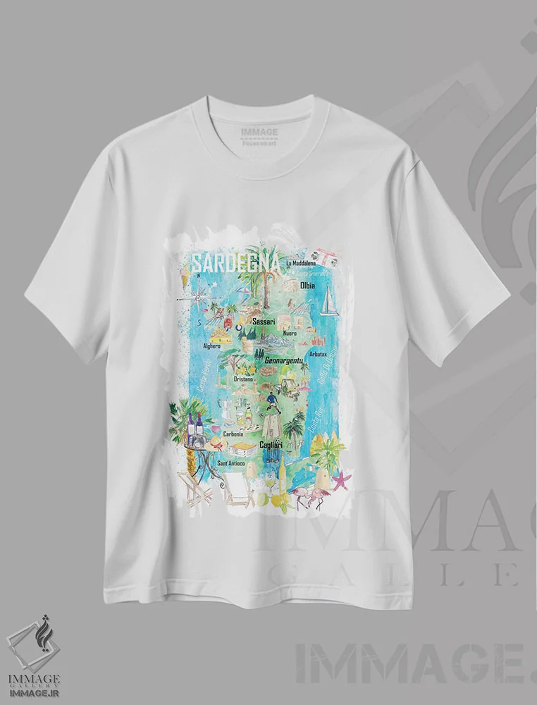 تیشرت سفید طرح دار – تیشرت مدیترانه ای ,نقشه مصور سفر ساردینیا با جاده ها و نکات گردشگری اثر مارکوس و مارتینا بلیشنر immage.ir