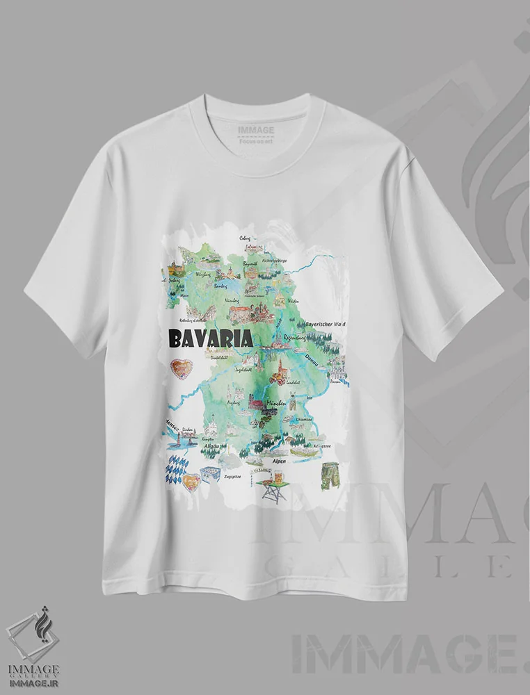 تیشرت سفید طرح دار – تیشرت هنری ,نقشه مصور سفر باواریا آلمان با جاده ها و نکات گردشگری اثر مارکوس و مارتینا بلیشنر فروشگاه ایماژ