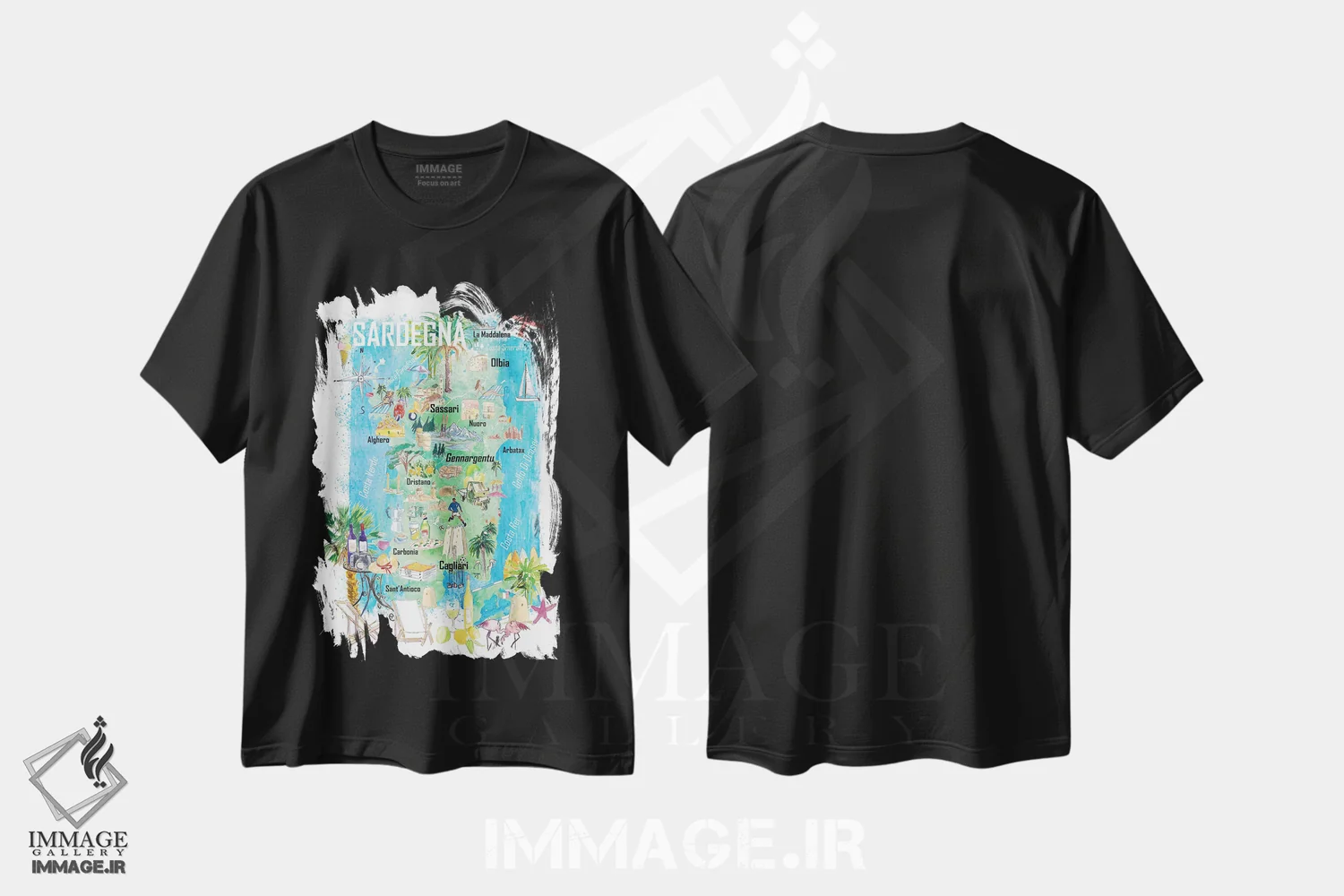 تیشرت مشکی طرح دار – تیشرت مدیترانه ای ,نقشه مصور سفر ساردینیا با جاده ها و نکات گردشگری اثر مارکوس و مارتینا بلیشنر فروشگاه ایماژ