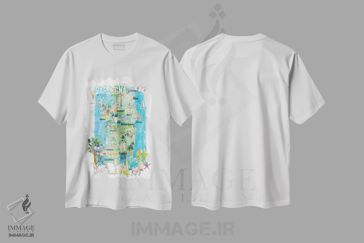 تیشرت سفید طرح دار – تیشرت مدیترانه ای ,نقشه مصور سفر ساردینیا با جاده ها و نکات گردشگری اثر مارکوس و مارتینا بلیشنر immage.ir