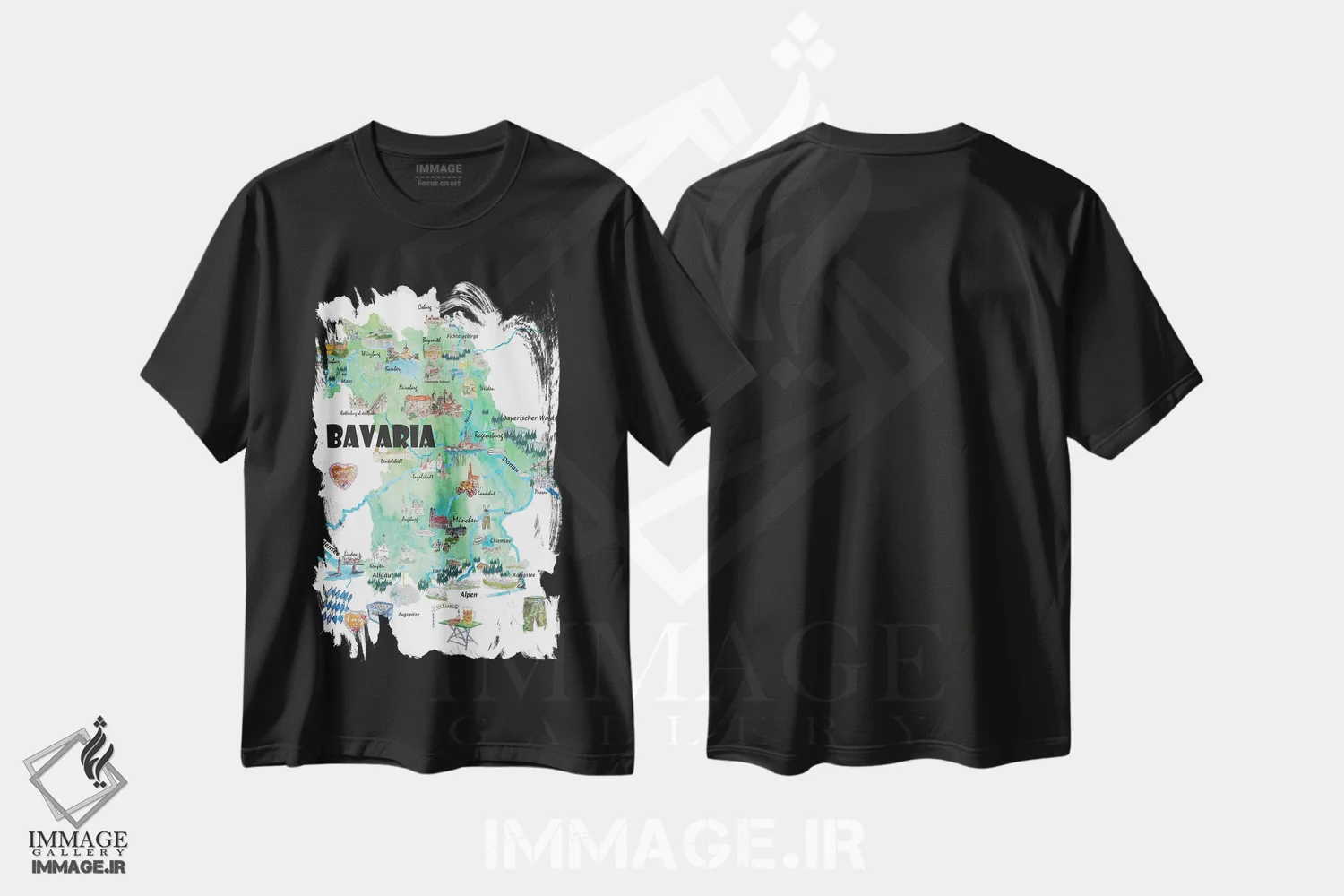 تیشرت مشکی طرح دار – تیشرت هنری ,نقشه مصور سفر باواریا آلمان با جاده ها و نکات گردشگری اثر مارکوس و مارتینا بلیشنر immage.ir