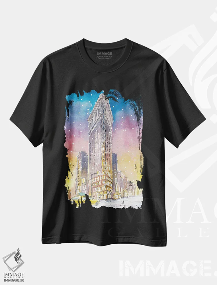 تیشرت مشکی طرح دار – تیشرت شهری ,زمستان در نیویورک با بارش رمانتیک برف و رویای فلت آیرون منهتن اثر مارکوس و مارتینا بلیشنر فروشگاه ایماژ