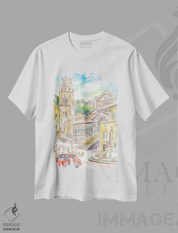تیشرت سفید طرح دار – تیشرت سفر ,میدان دومو در آمالفی، رانندگی با ماشین قرمز در خلیج ساحل سالرنو اثر مارکوس و مارتینا بلیشنر فروشگاه ایماژ