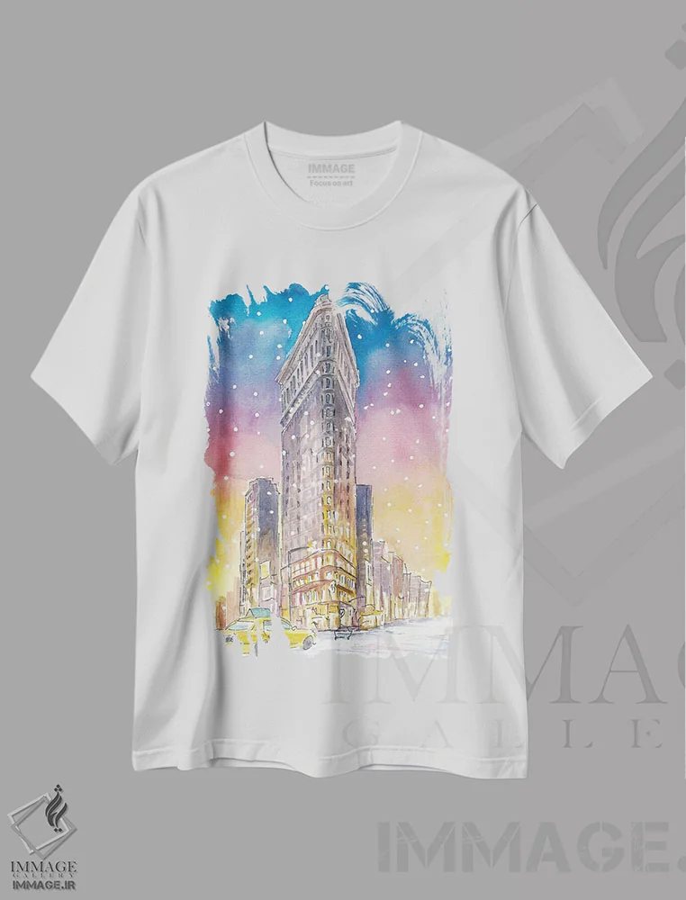 تیشرت سفید طرح دار – تیشرت شهری ,زمستان در نیویورک با بارش رمانتیک برف و رویای فلت آیرون منهتن اثر مارکوس و مارتینا بلیشنر immage.ir