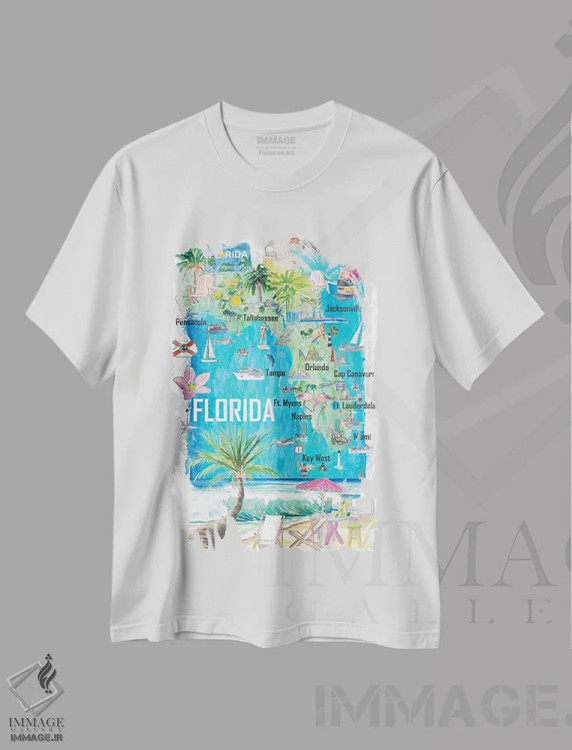 تیشرت سفید طرح دار – تیشرت هنری نقشه ,"نقشه مصور ایالت فلوریدا آمریکا با جاده ها و جاذبه های گردشگری" اثر مارکوس و مارتینا بلیشنر فروشگاه ایماژ