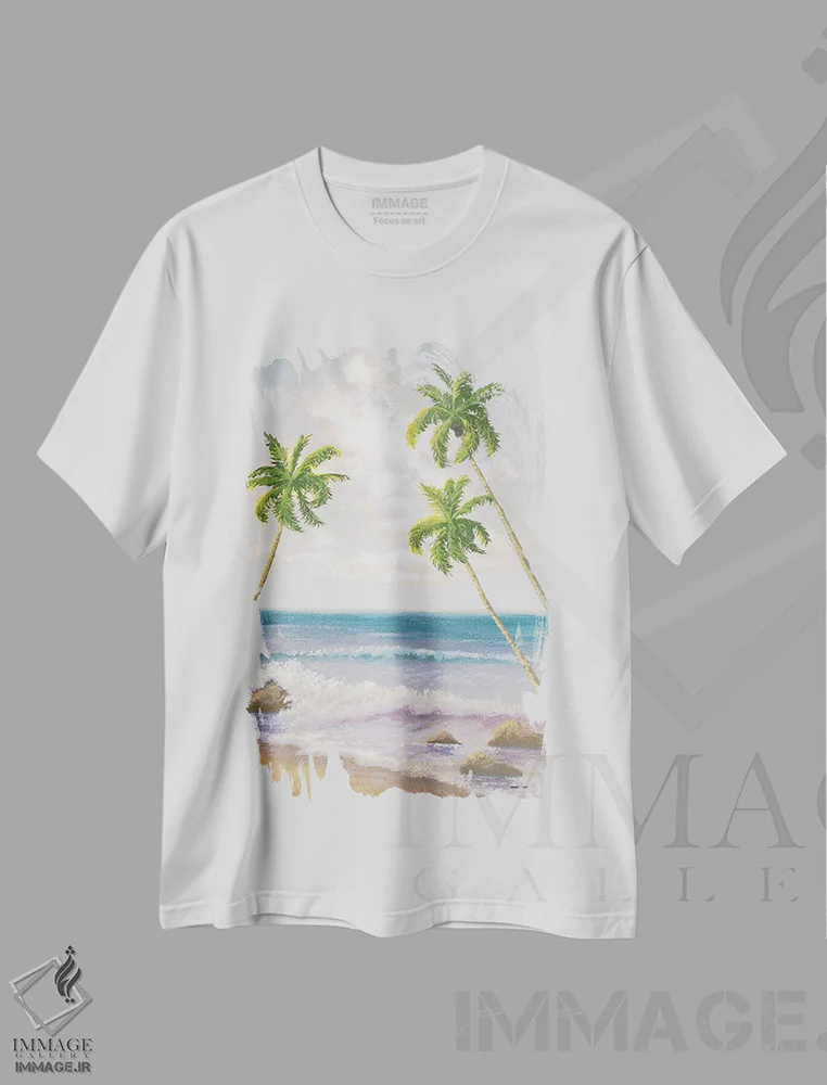 تیشرت سفید طرح دار – تیشرت ساحلی ,"ساحل آتلانتیک II" اثر مایکل مارکون فروشگاه ایماژ