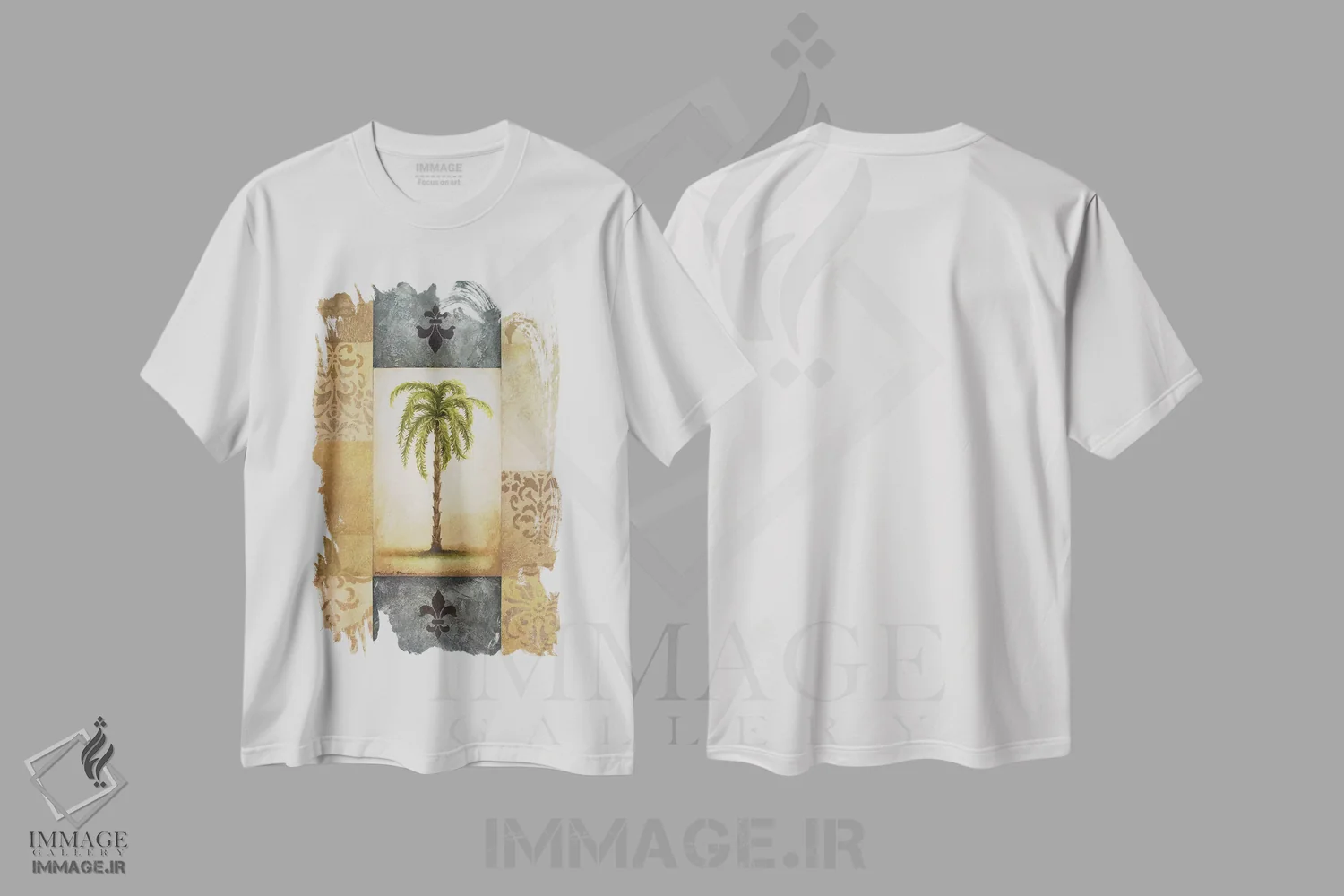 تیشرت سفید طرح دار – تیشرت استوایی ,نخل خیالی اثر مایکل مارکون immage.ir