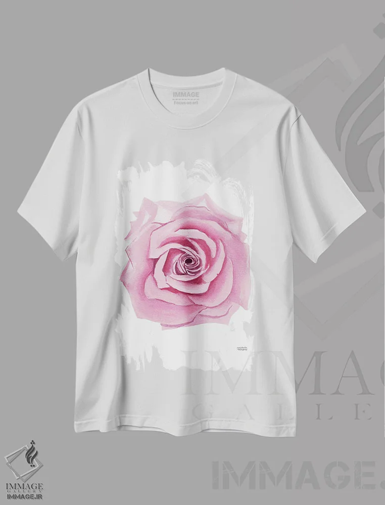 تیشرت سفید طرح دار – تیشرت گل رز ,گل رز صورتی آبرنگ اثر میشل موسپنس فروشگاه ایماژ