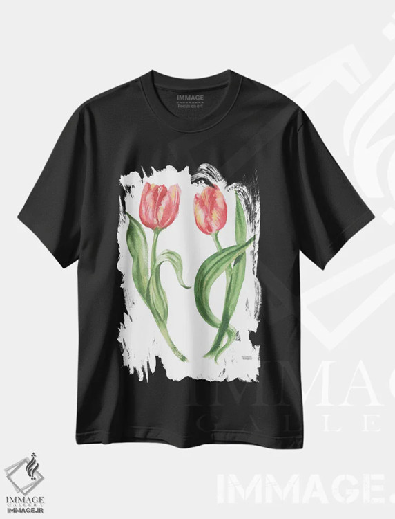 تیشرت مشکی طرح دار – تیشرت طبیعت ,گل های لاله آبرنگ اثر میشل موسپنس فروشگاه ایماژ