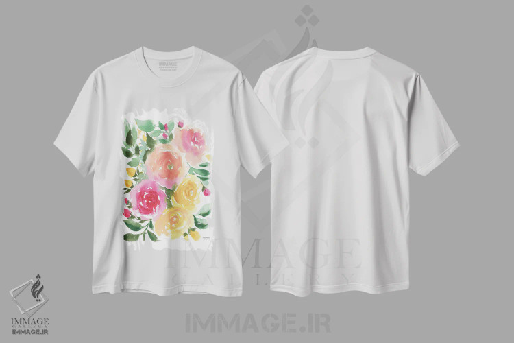 تیشرت سفید طرح دار – تیشرت گل رز ,رزا بلا آبرنگ اثر میشل موسپنس فروشگاه ایماژ