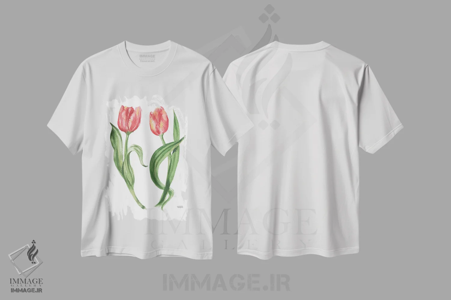تیشرت سفید طرح دار – تیشرت طبیعت ,گل های لاله آبرنگ اثر میشل موسپنس immage.ir