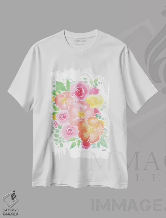 تیشرت سفید طرح دار – تیشرت گلدار ,گل های نارنجی آبرنگ اثر میشل موسپنس immage.ir
