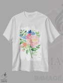 تیشرت سفید طرح دار – تیشرت تابستانی ,دسته گل شکوفه های تابستانی آبرنگ اثر میشل موسپنس فروشگاه ایماژ
