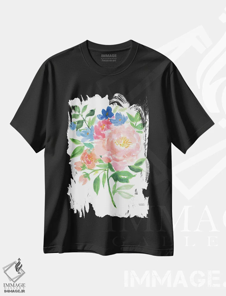 تیشرت مشکی طرح دار – تیشرت تابستانی ,دسته گل شکوفه های تابستانی آبرنگ اثر میشل موسپنس immage.ir